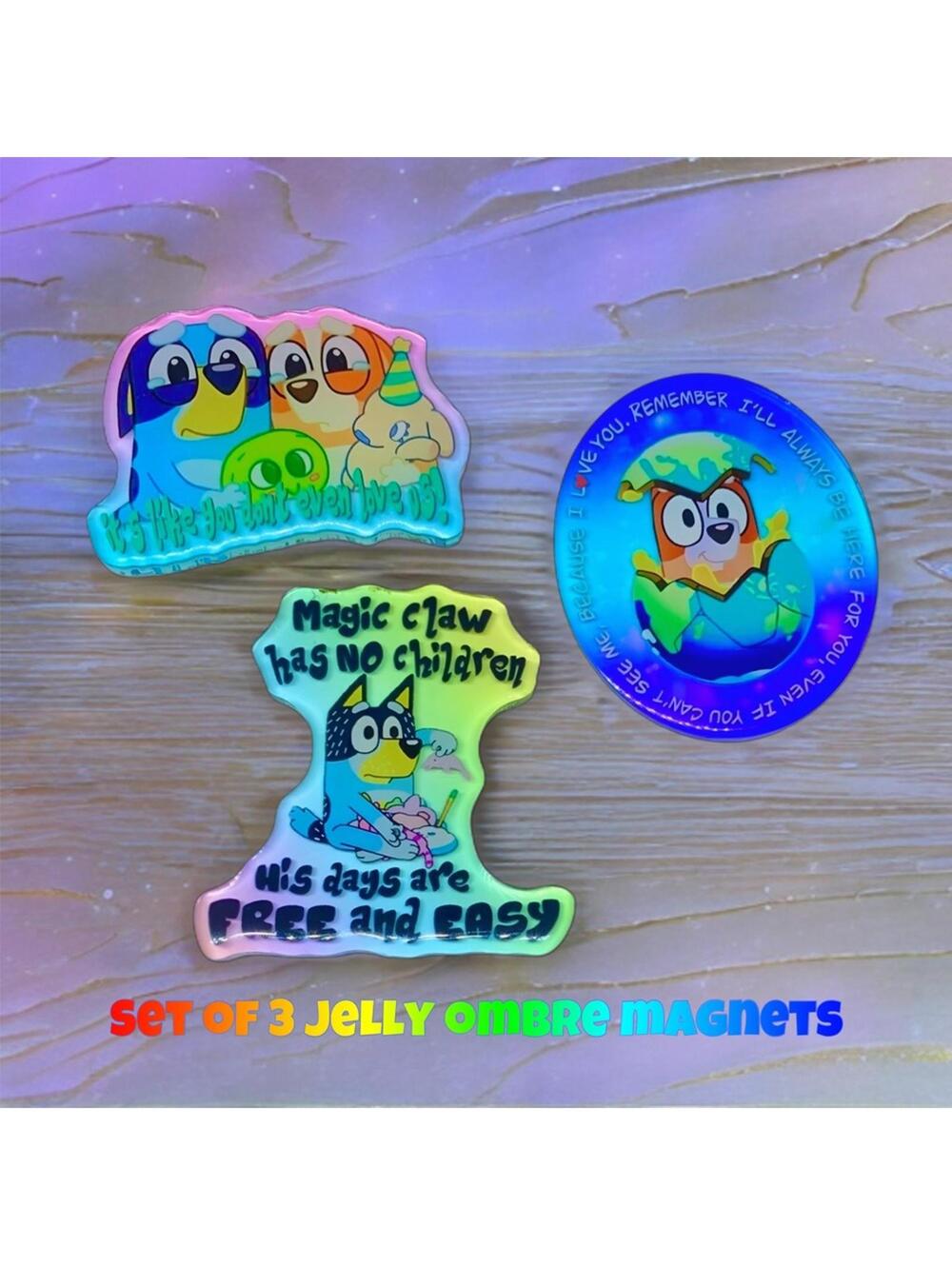 Bluey Jelly Ombre Magnet SET OF 3, Bingo Bandit, Magic Claw Sleepytime, Cute NWT